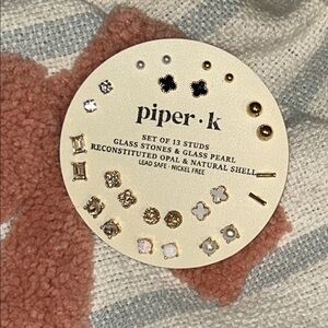 NWT Piper K Gold and Black Stud Earring Set of 12 Opal Shell glass stones